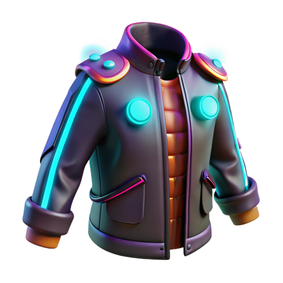 immaculate renaissance Cyberpunk jacket with glowing accents. NO BACKGROUND with Transparent Background. handcrafted png