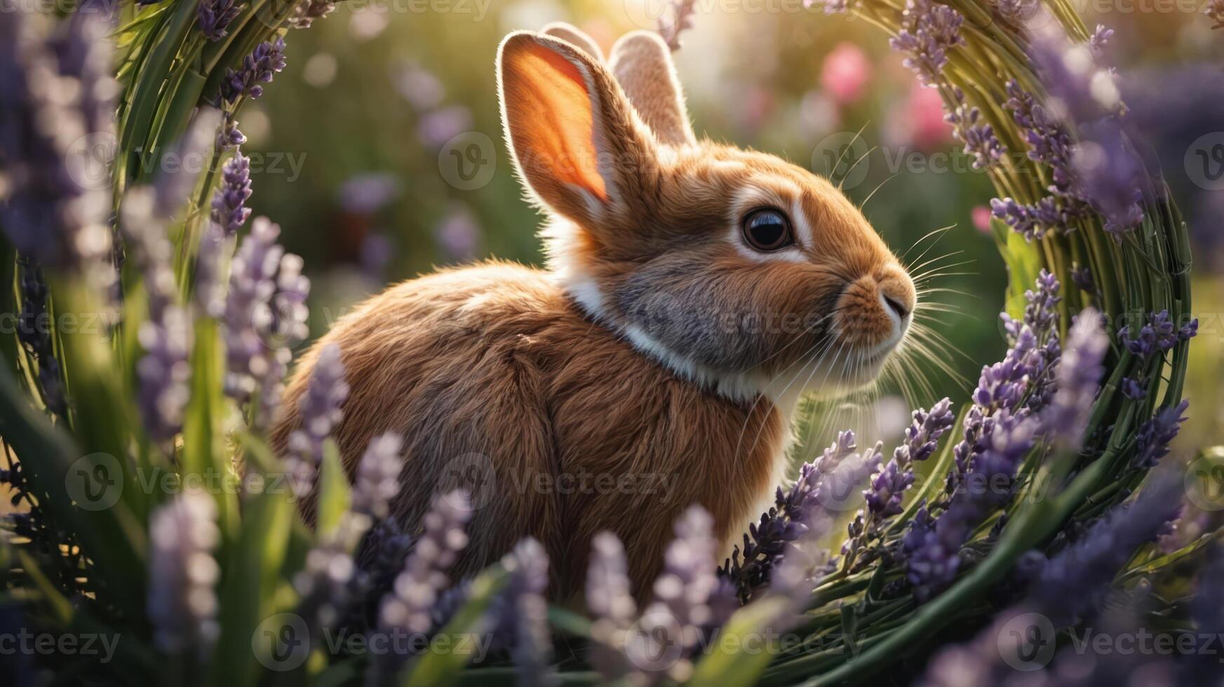A cute rabbit nestled among lavender flowers in a serene garden setting. photo