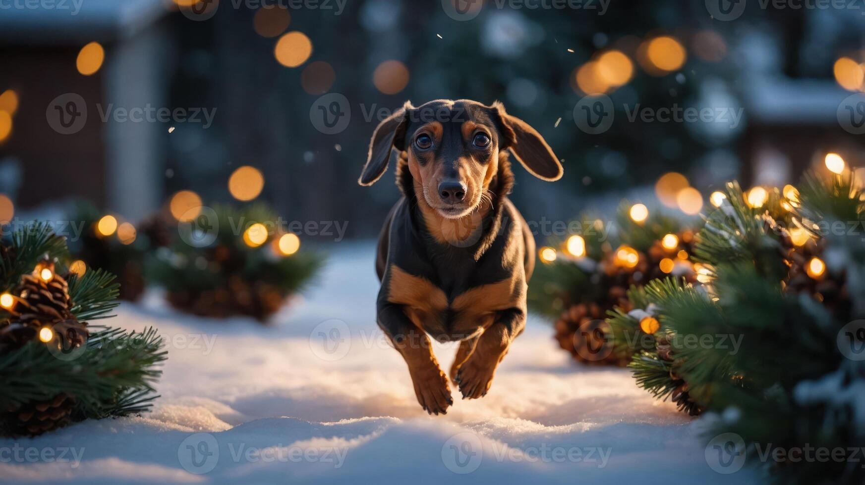 A dachshund joyfully runs through snowy scenery adorned with festive lights and pinecones. photo
