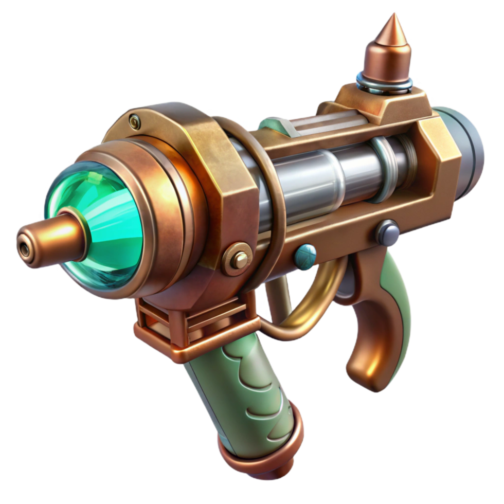 exquisite harmonious baroque Steampunk ray gun with copper piping and a glowing crystal core. NO BACKGROUND with Transparent Background. professional png