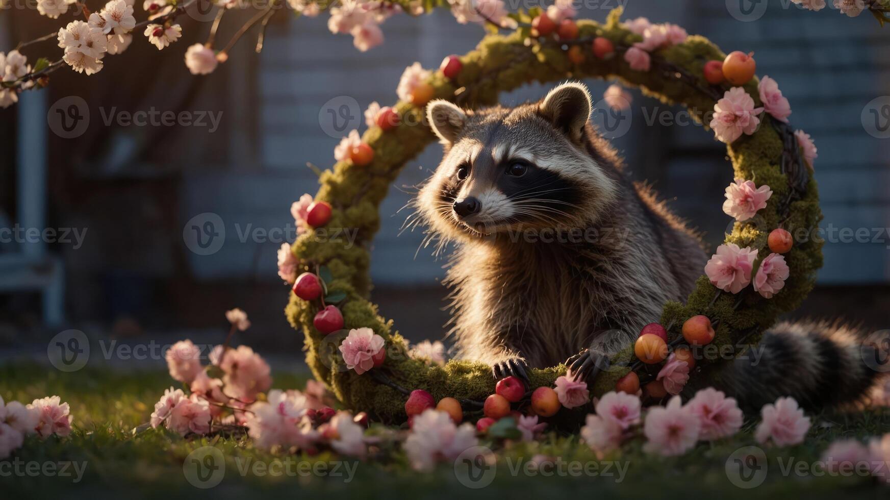 A raccoon surrounded by flowers and fruit in a whimsical, nature-inspired setting. photo
