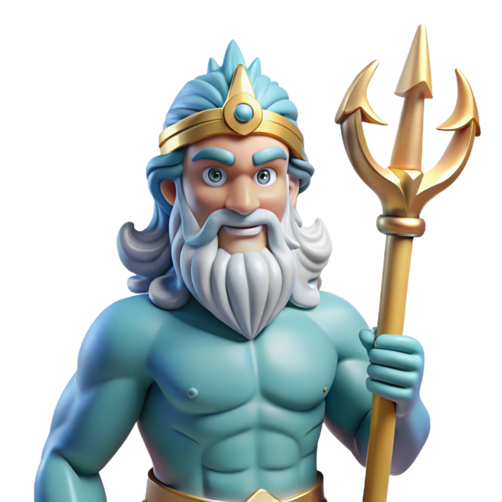 exquisite harmonious urban Poseidon, God of the Sea, holding trident, NO BACKGROUND with Transparent Background. ultra HD png
