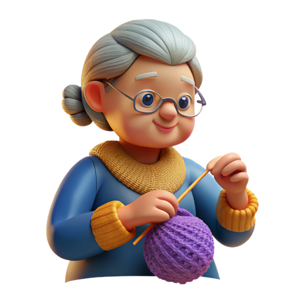 spectacular nostalgic bohemian Elderly woman knitting NO BACKGROUND with Transparent Background. top-tier png