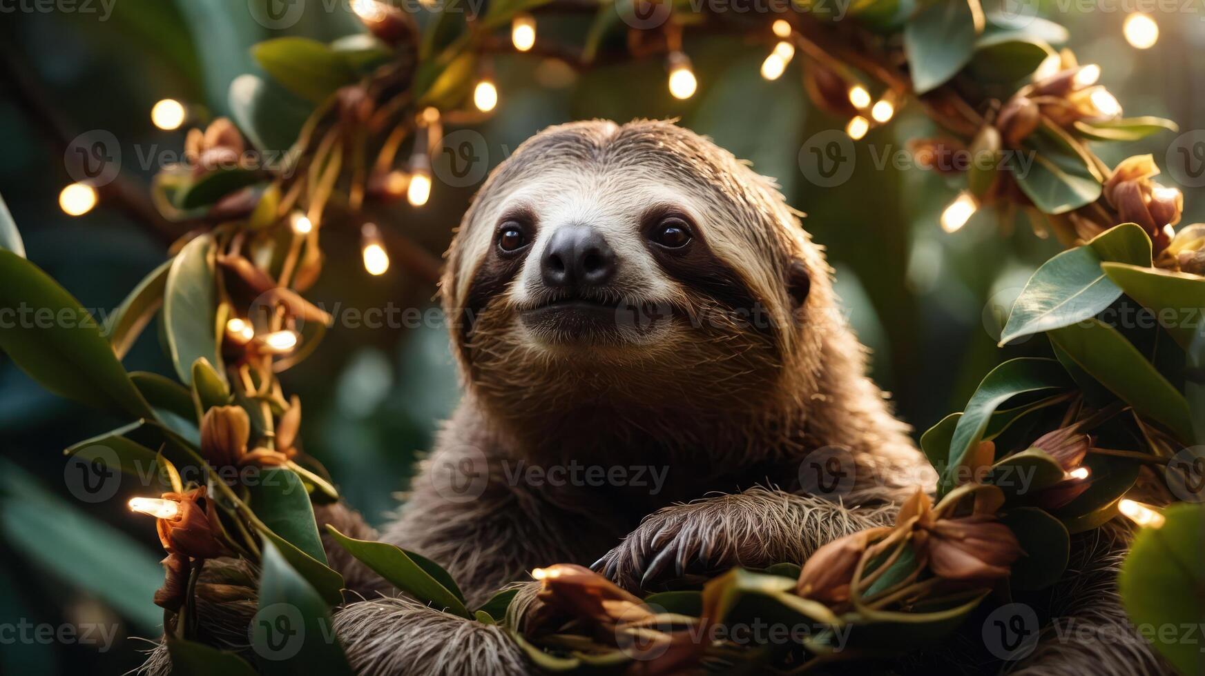 A cheerful sloth surrounded by a wreath of leaves and lights, evoking a festive mood. photo