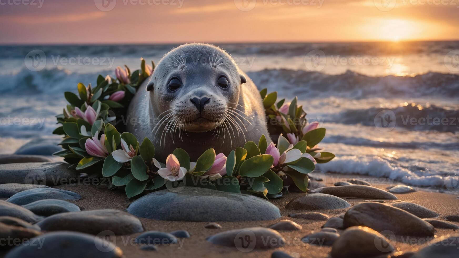 A seal adorned with flowers rests on a beach at sunset, surrounded by pebbles and waves. photo
