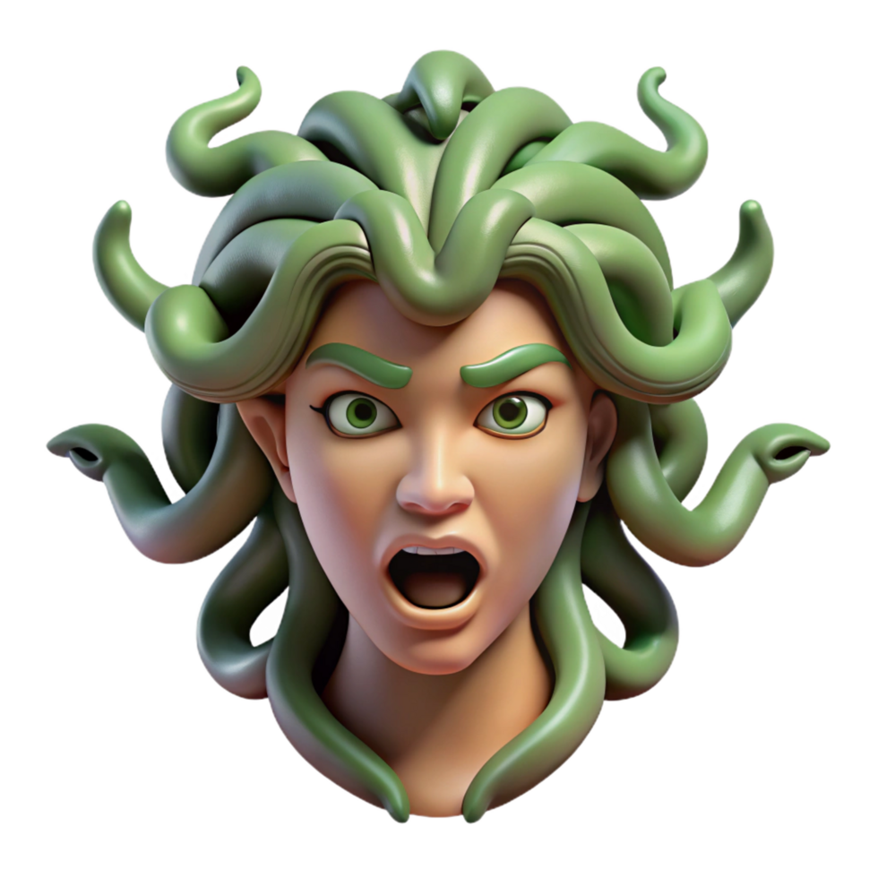 spectacular mid-century A menacing medusa head, snakes writhing. NO BACKGROUND with Transparent Background. studio quality png