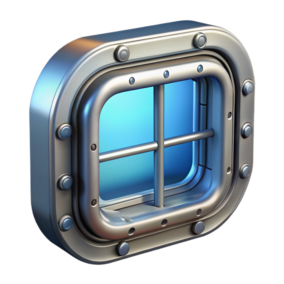 wonderful reflective victorian Spaceship window, reinforced glass, view port, metallic frame. NO BACKGROUND with Transparent Background. high resolution png