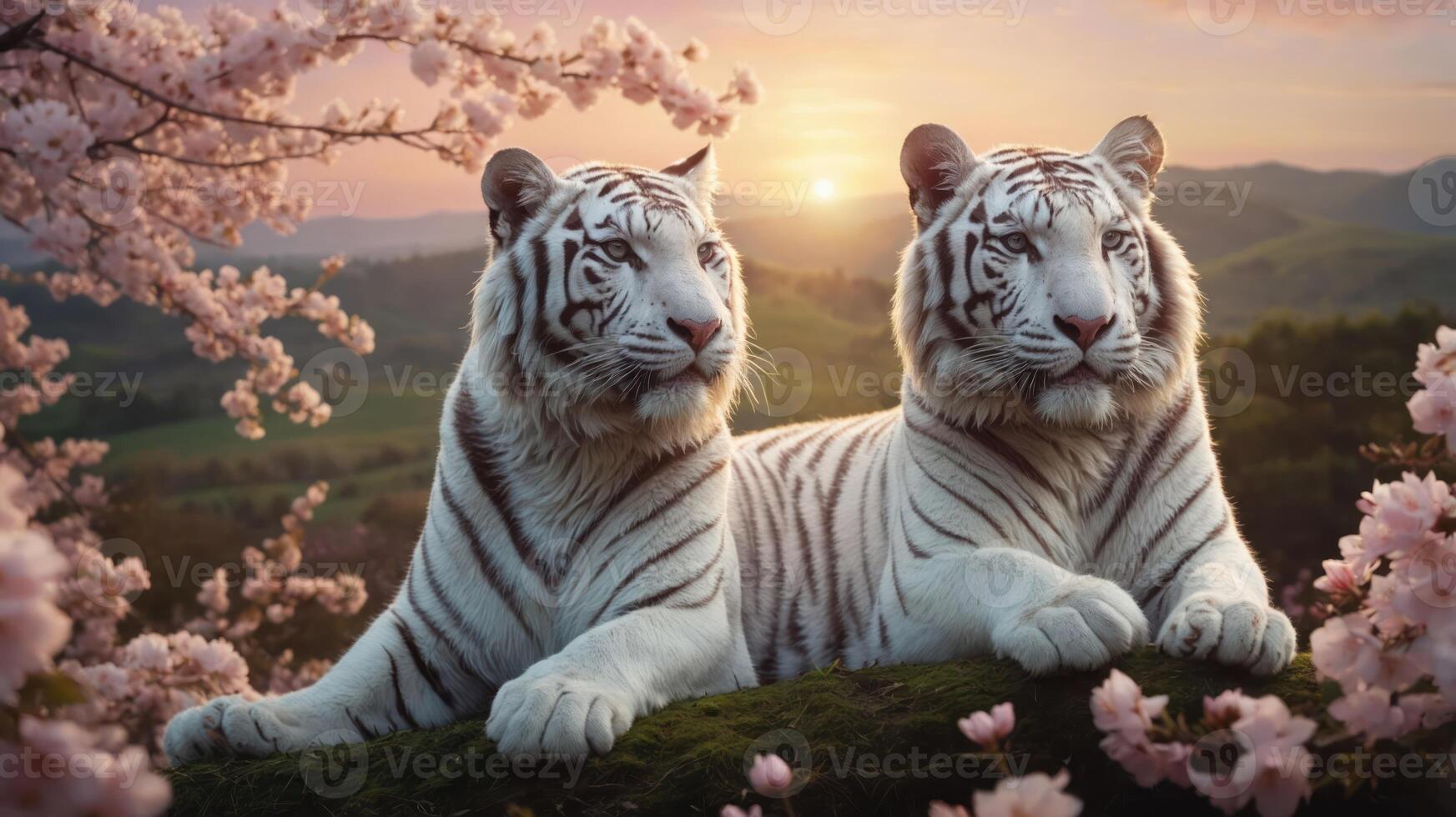 Two white tigers resting amidst cherry blossoms at sunset. photo
