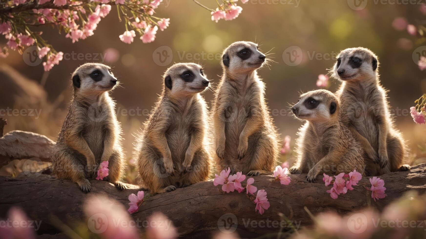 A group of meerkats sitting on a log surrounded by pink flowers in a warm, sunny setting. photo