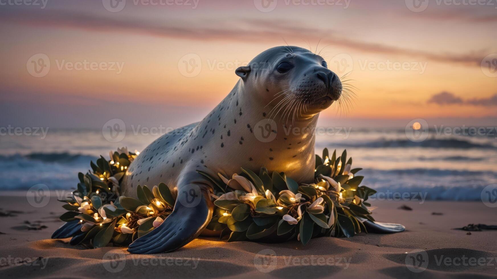 A seal adorned with lights and greenery on a beach at sunset. photo