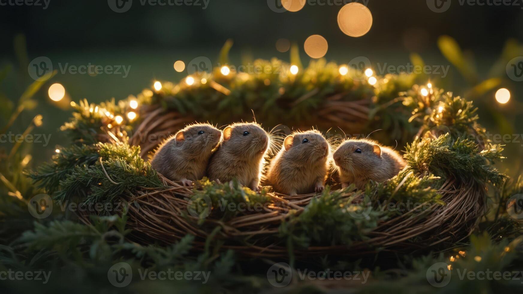 A cozy nest with four small animals surrounded by greenery and soft lights. photo