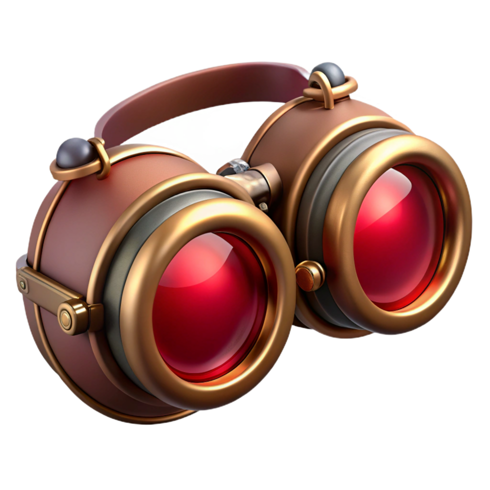 reflective magnificent Steampunk goggles with ruby red lenses and copper accents. NO BACKGROUND with Transparent Background. impeccable png