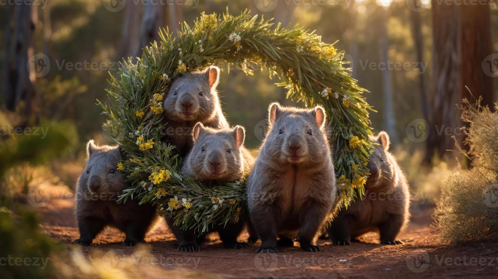 A group of wombats posing with a floral wreath in a natural setting during golden hour. photo