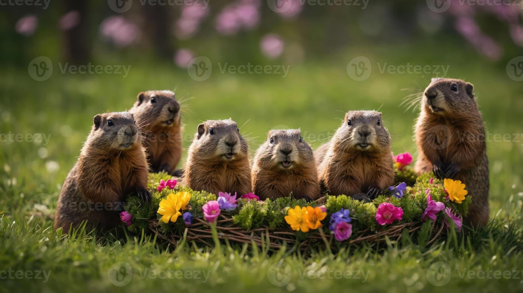 A group of six adorable groundhogs surrounded by flowers in a grassy setting. photo