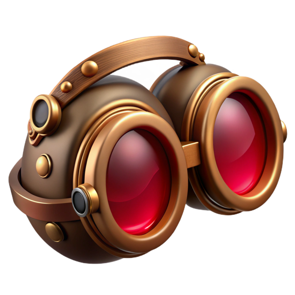 serene timeless Steampunk goggles with ruby red lenses and copper accents. NO BACKGROUND with Transparent Background. png