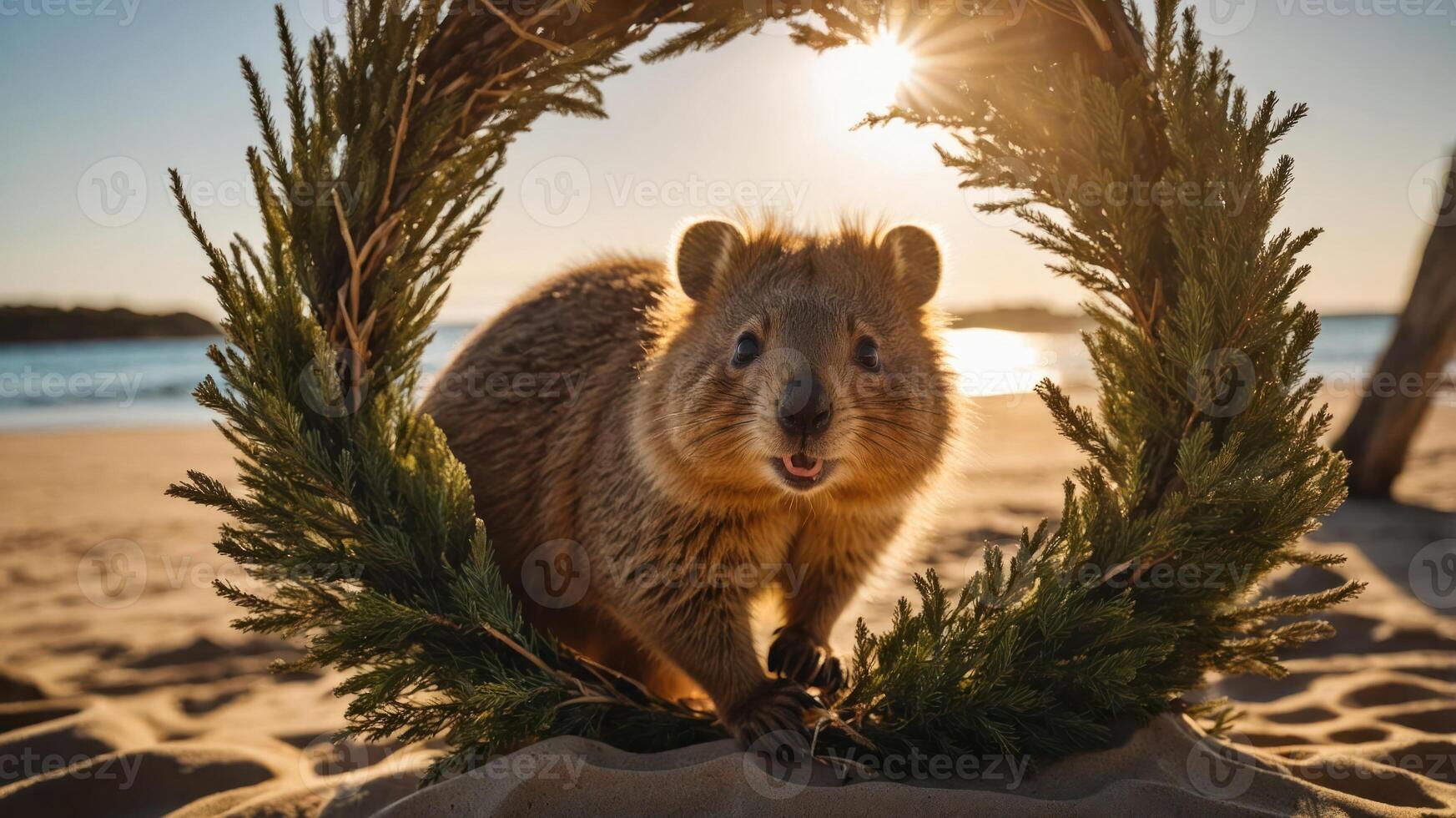 A playful quokka framed by a natural wreath at sunset on a beach. photo