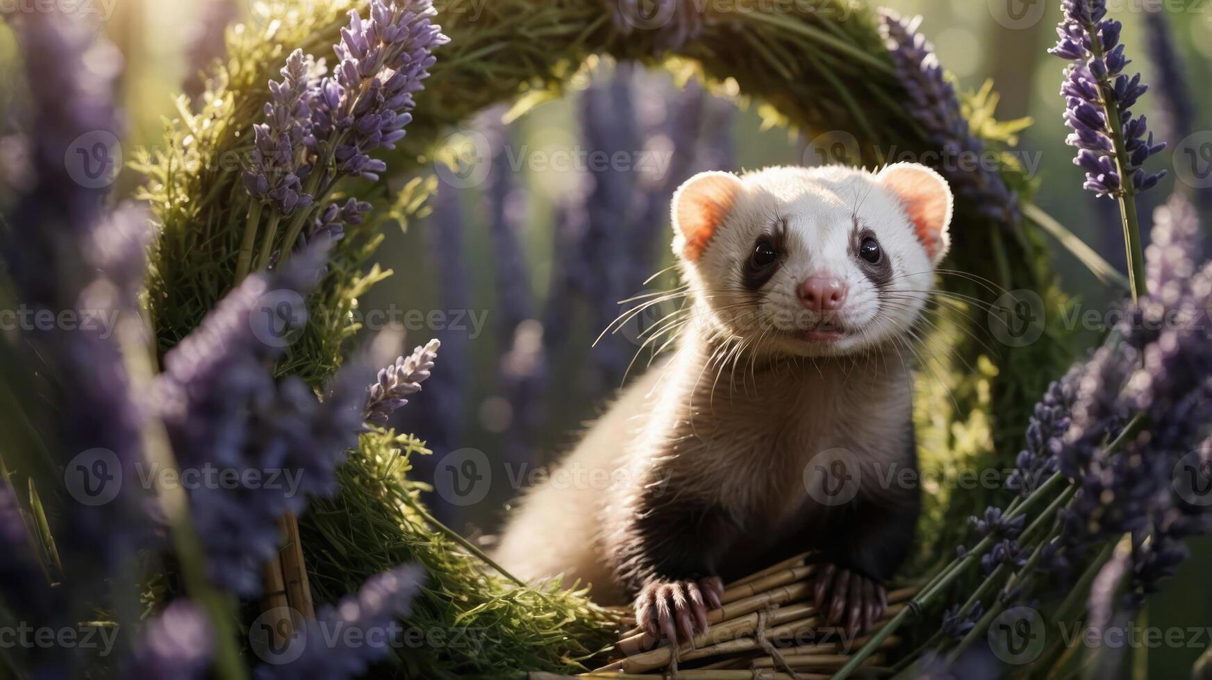 A ferret nestled in a floral arrangement of lavender and greenery. photo