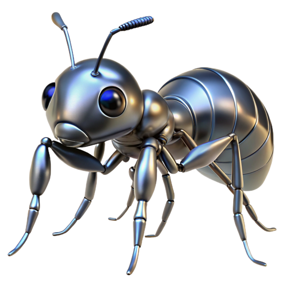 gorgeous melancholic geometric Robotic ant with metallic mandibles. NO BACKGROUND with Transparent Background. detailed png