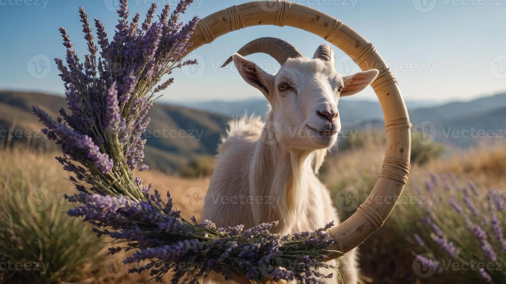 A goat framed by a lavender wreath in a scenic landscape. photo