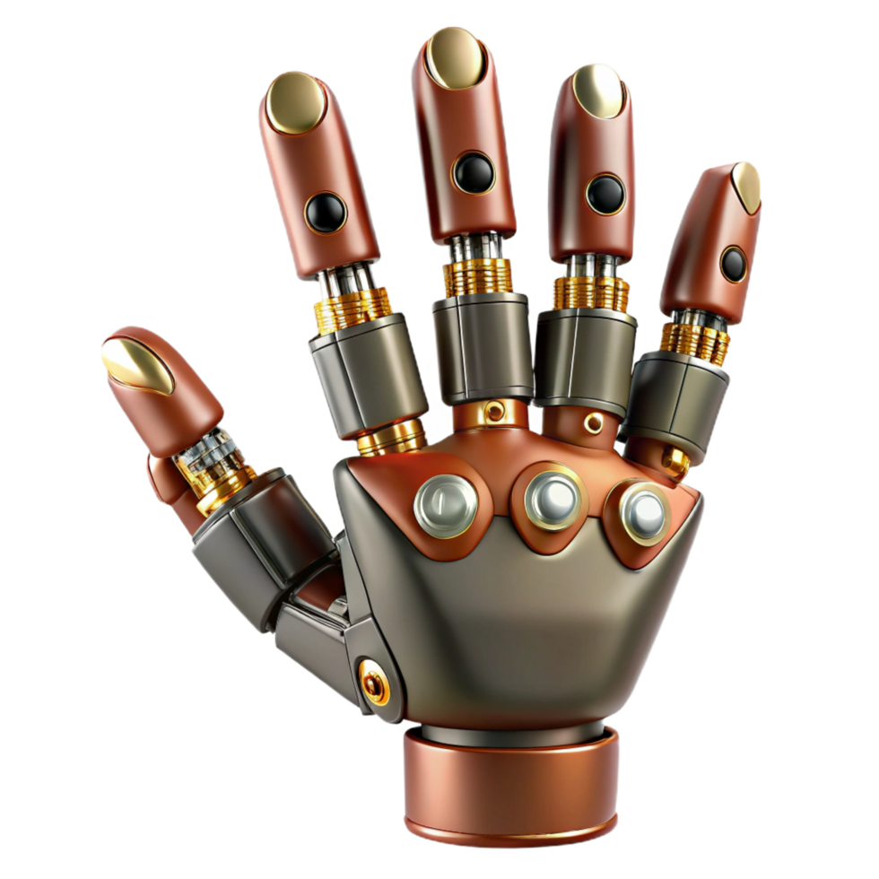 stunning reflective tropical Steampunk robotic hand with articulated fingers and exposed wiring. NO BACKGROUND with Transparent Background. authentic png