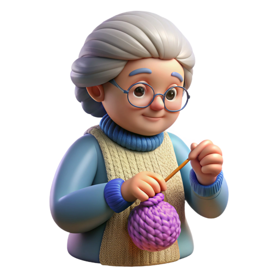 signature bohemian Elderly woman knitting NO BACKGROUND with Transparent Background. high resolution png