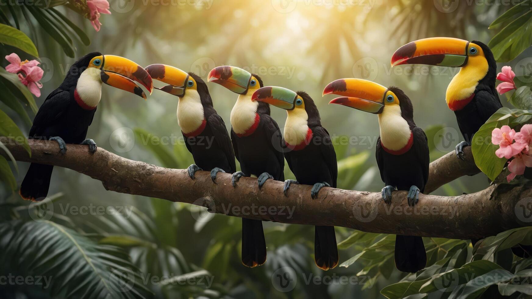 A vibrant scene of toucans perched on a branch in a lush, tropical environment. photo