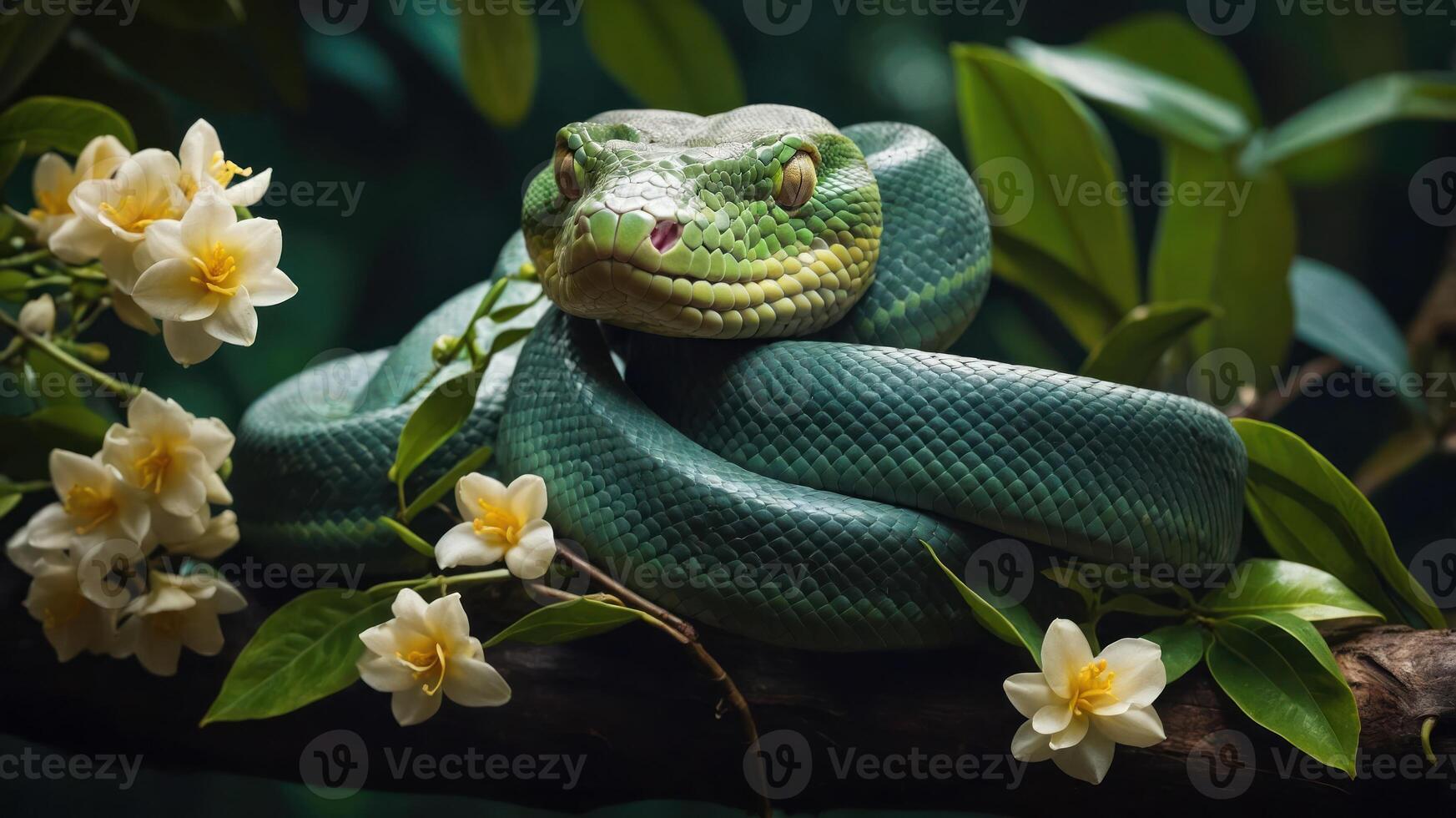A green snake resting on a branch surrounded by white flowers in a lush environment. photo