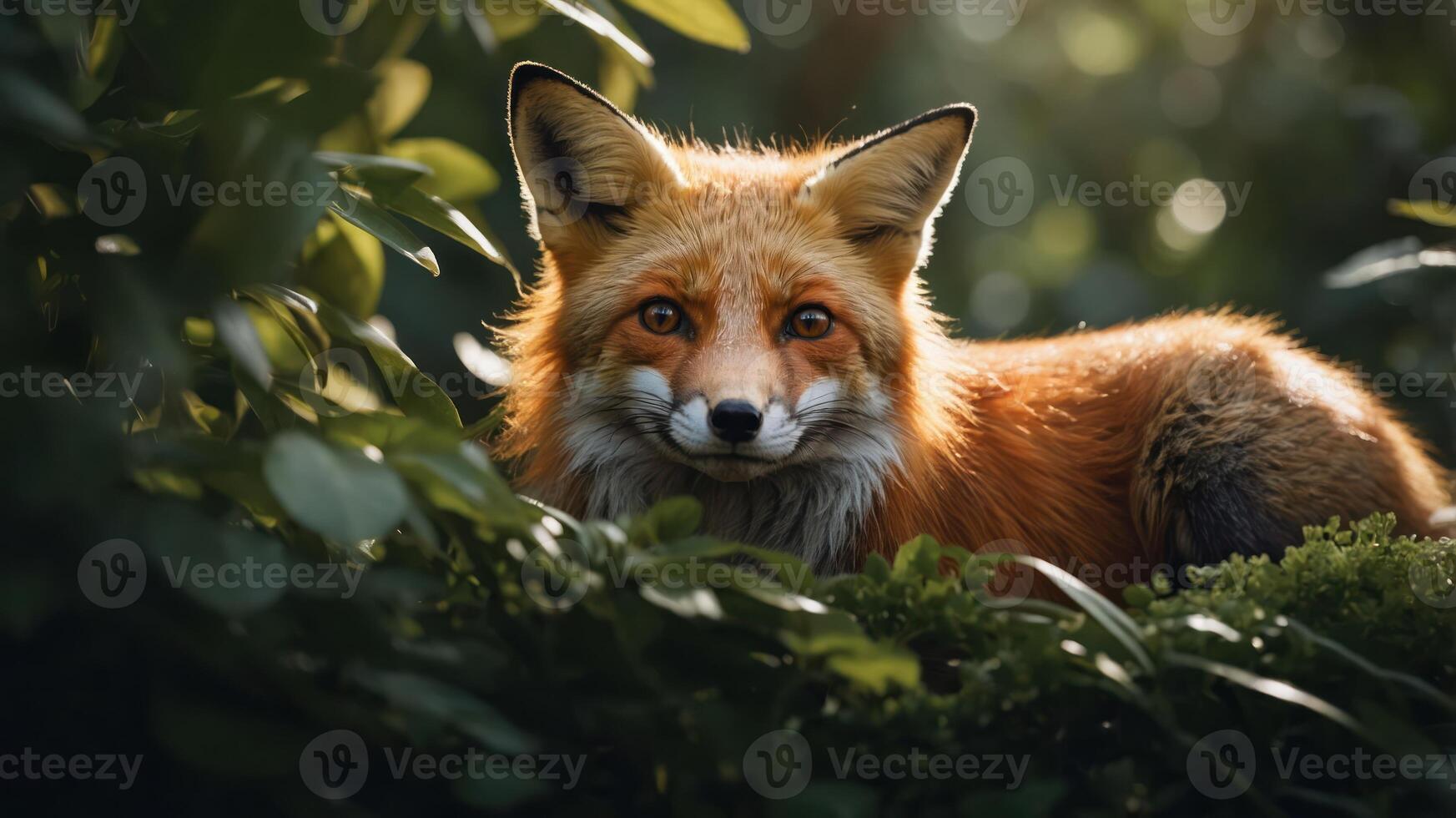 A close-up of a fox nestled among foliage in a serene natural setting. photo
