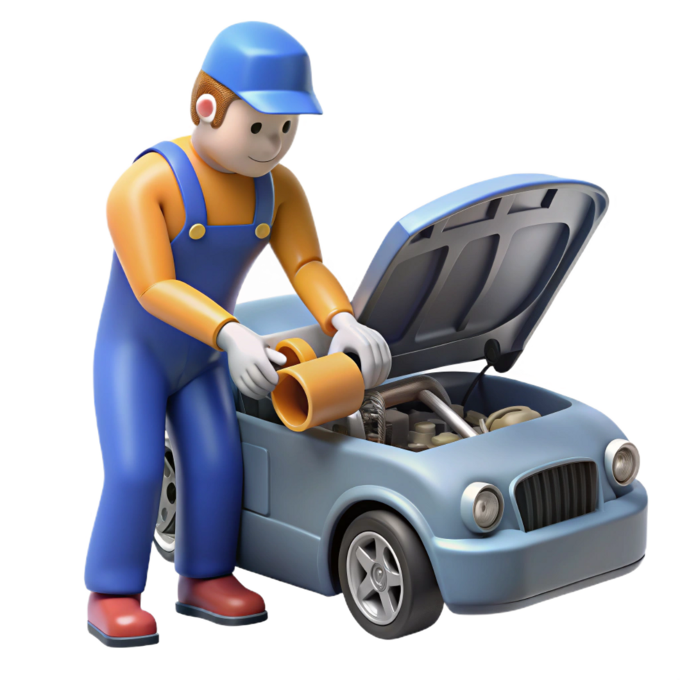 reflective enchanting Auto mechanic repairing car engine NO BACKGROUND with Transparent Background. 8K png