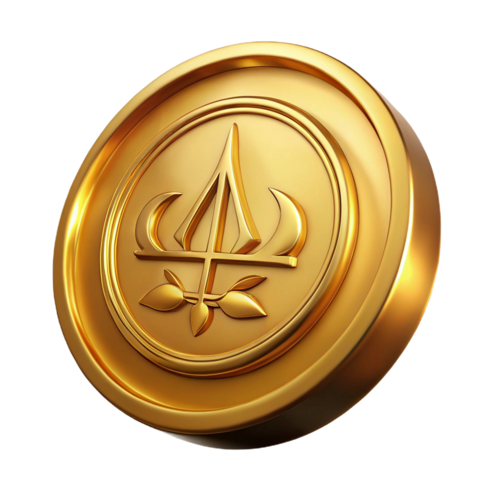 inspired futuristic Single gold coin, embossed design, ancient script, NO BACKGROUND with Transparent Background. professional png