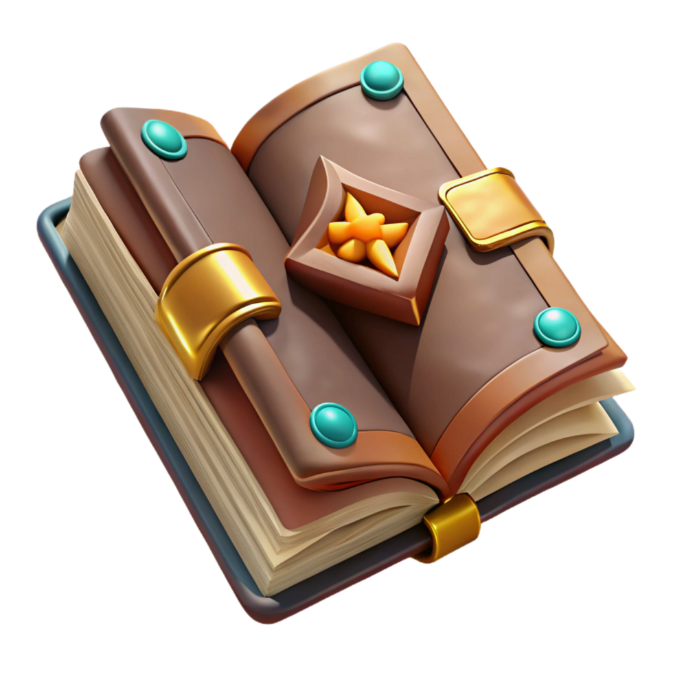 dynamic captivating A leather-bound spellbook, open to a page of arcane symbols. NO BACKGROUND with Transparent Background. impeccable png
