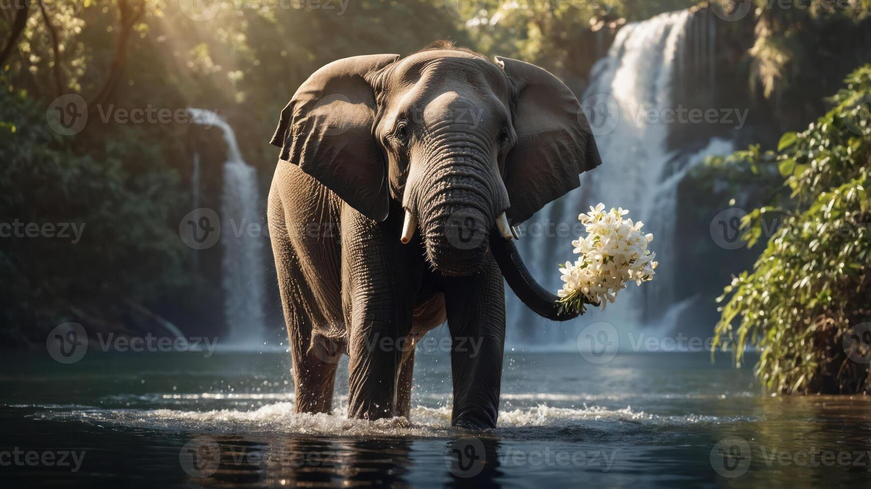 An elephant stands in a serene water setting, holding a flower, surrounded by lush greenery and waterfalls. photo