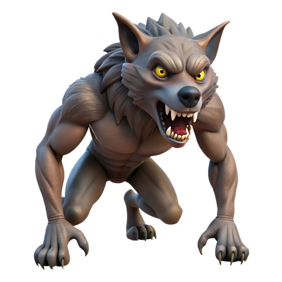 distinctive modern A snarling werewolf, mid-transformation, NO BACKGROUND with Transparent Background. professional png
