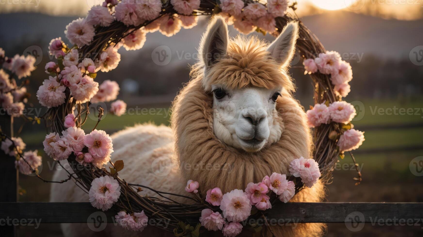 A charming llama framed by a floral wreath during sunset in a serene landscape. photo