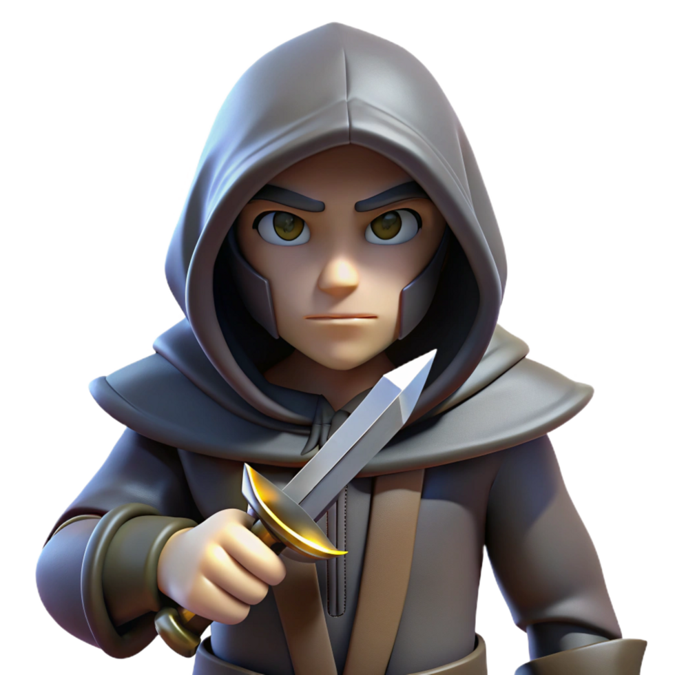 melancholic picturesque A hooded fantasy assassin, holding a dagger. NO BACKGROUND with Transparent Background. authentic png