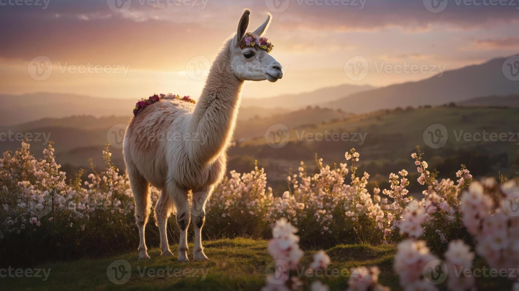 A llama adorned with flowers stands in a meadow during sunset, surrounded by blooming flowers. photo