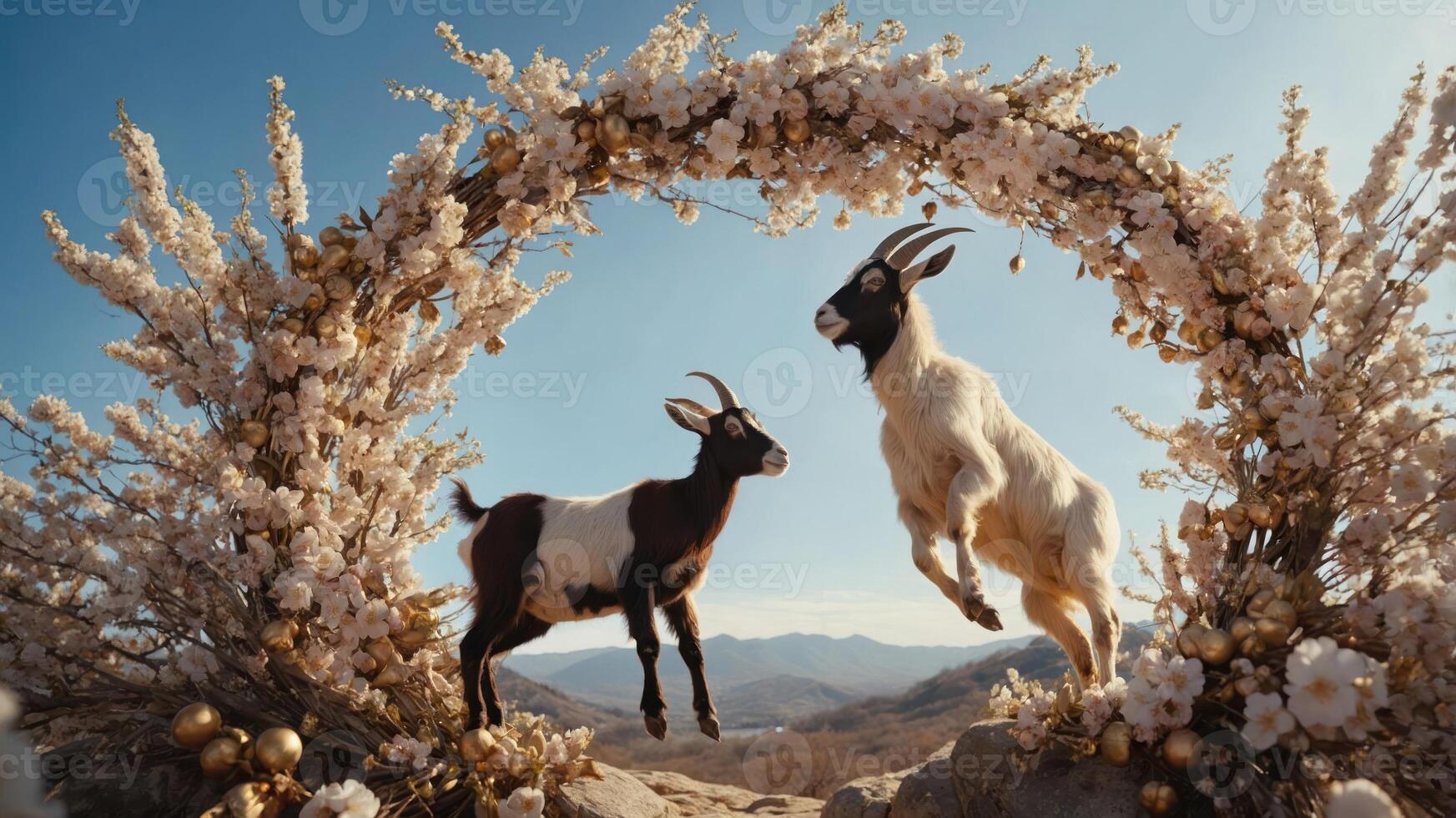 Two goats playfully interact beneath a floral arch in a scenic landscape. photo