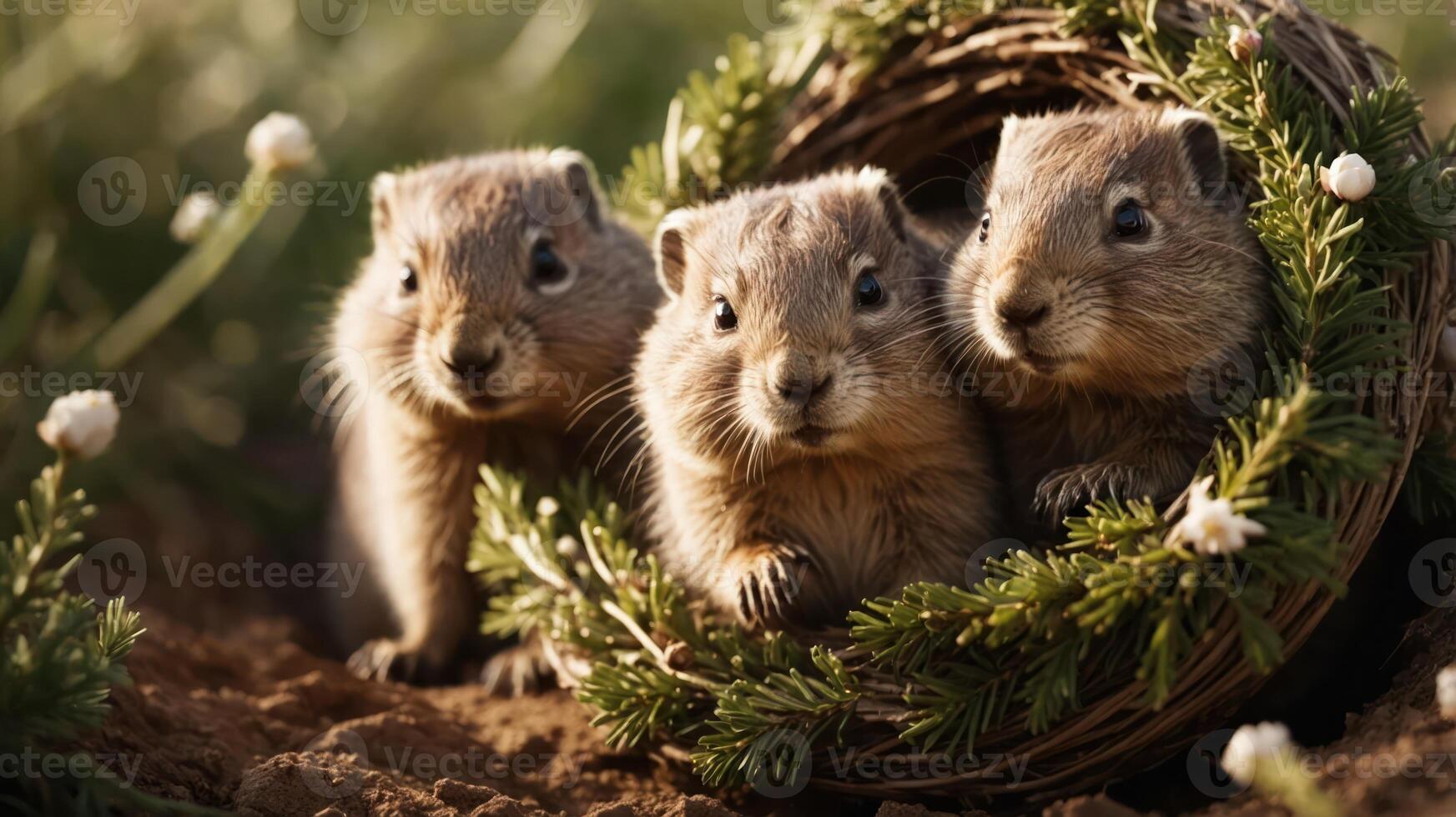 Three adorable animals nestled in a natural wreath, showcasing their playful nature. photo