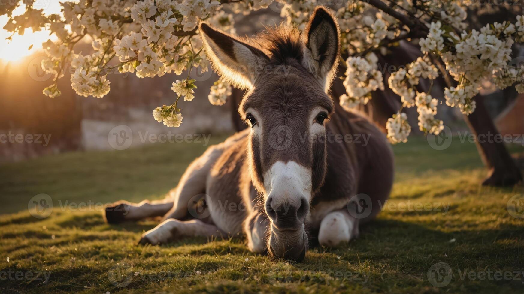 A serene donkey resting on grass under a flowering tree at sunset. photo