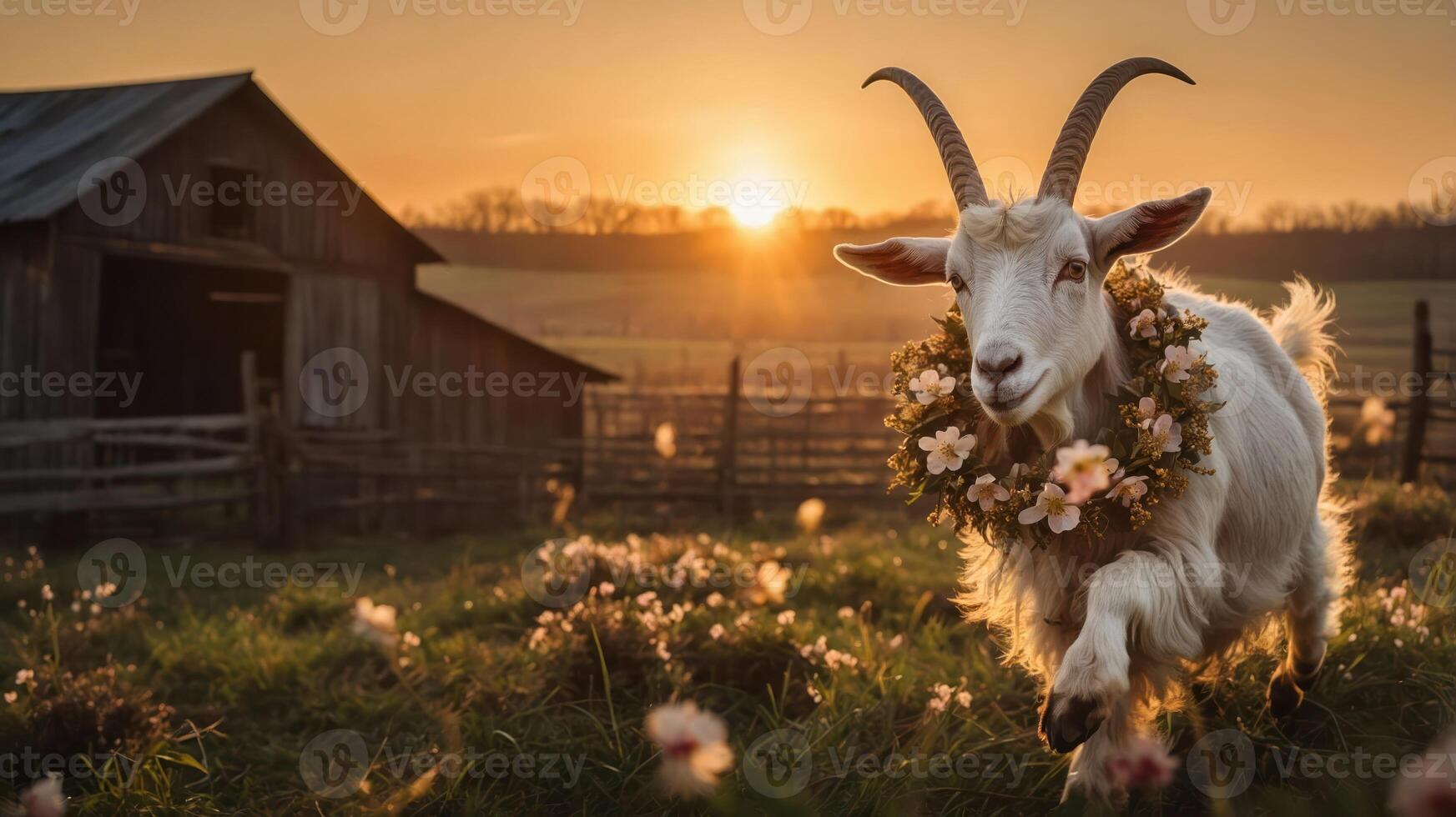 A goat adorned with flowers runs through a field at sunset near a rustic barn. photo