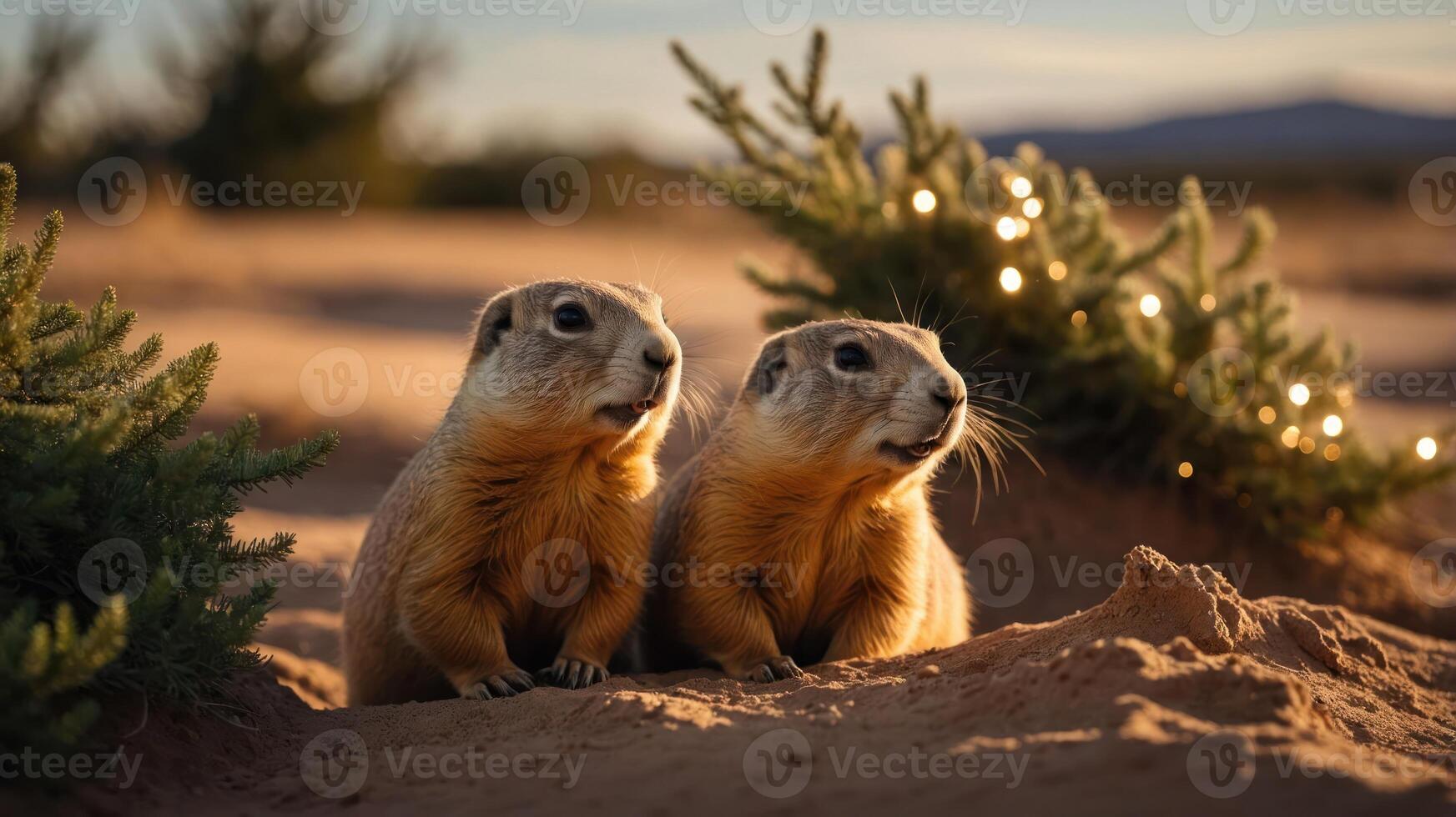 Two prairie dogs sit together in a desert setting, surrounded by greenery and soft lighting. photo