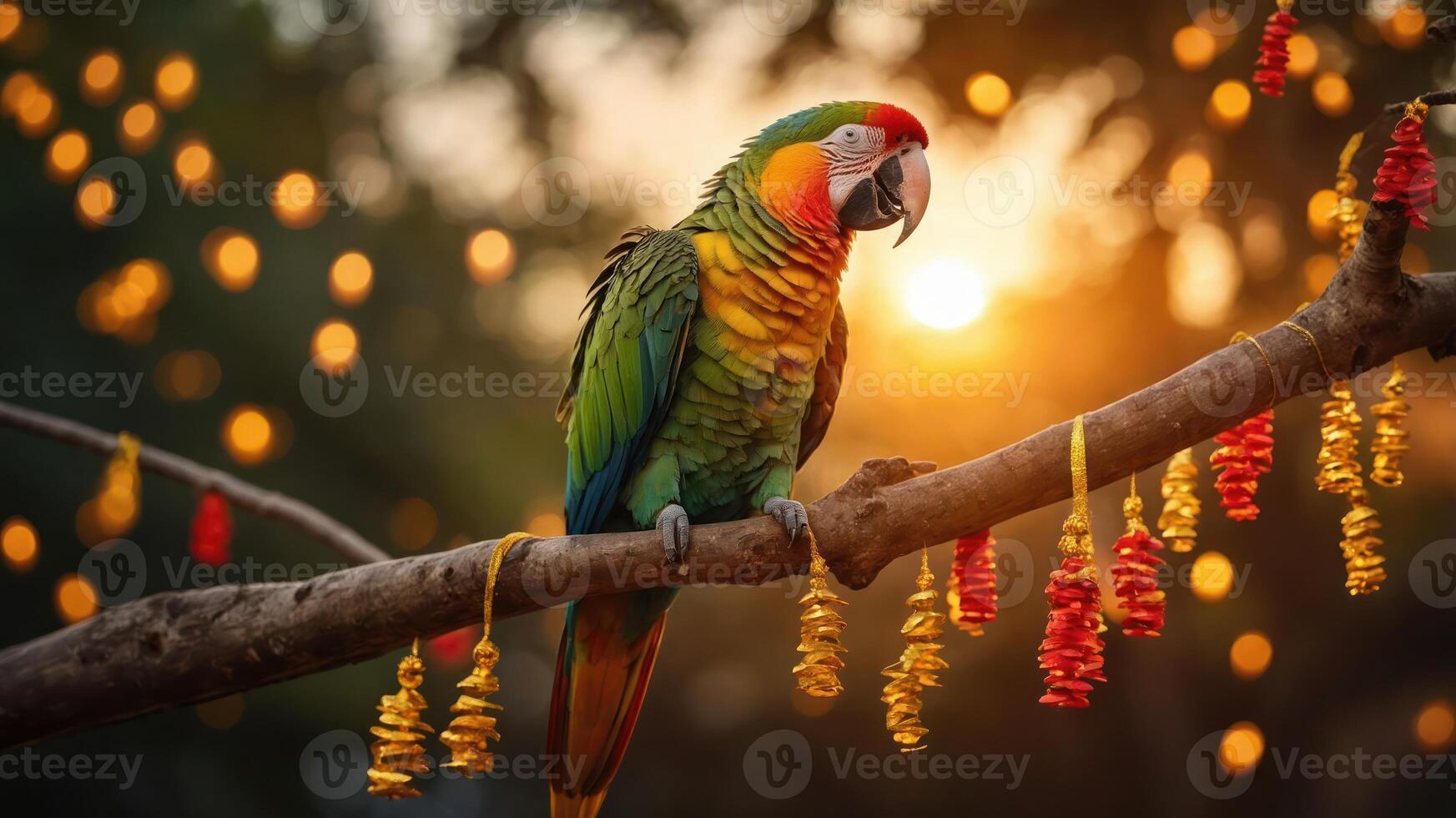 A vibrant parrot perched on a branch, surrounded by festive decorations and a sunset backdrop. photo