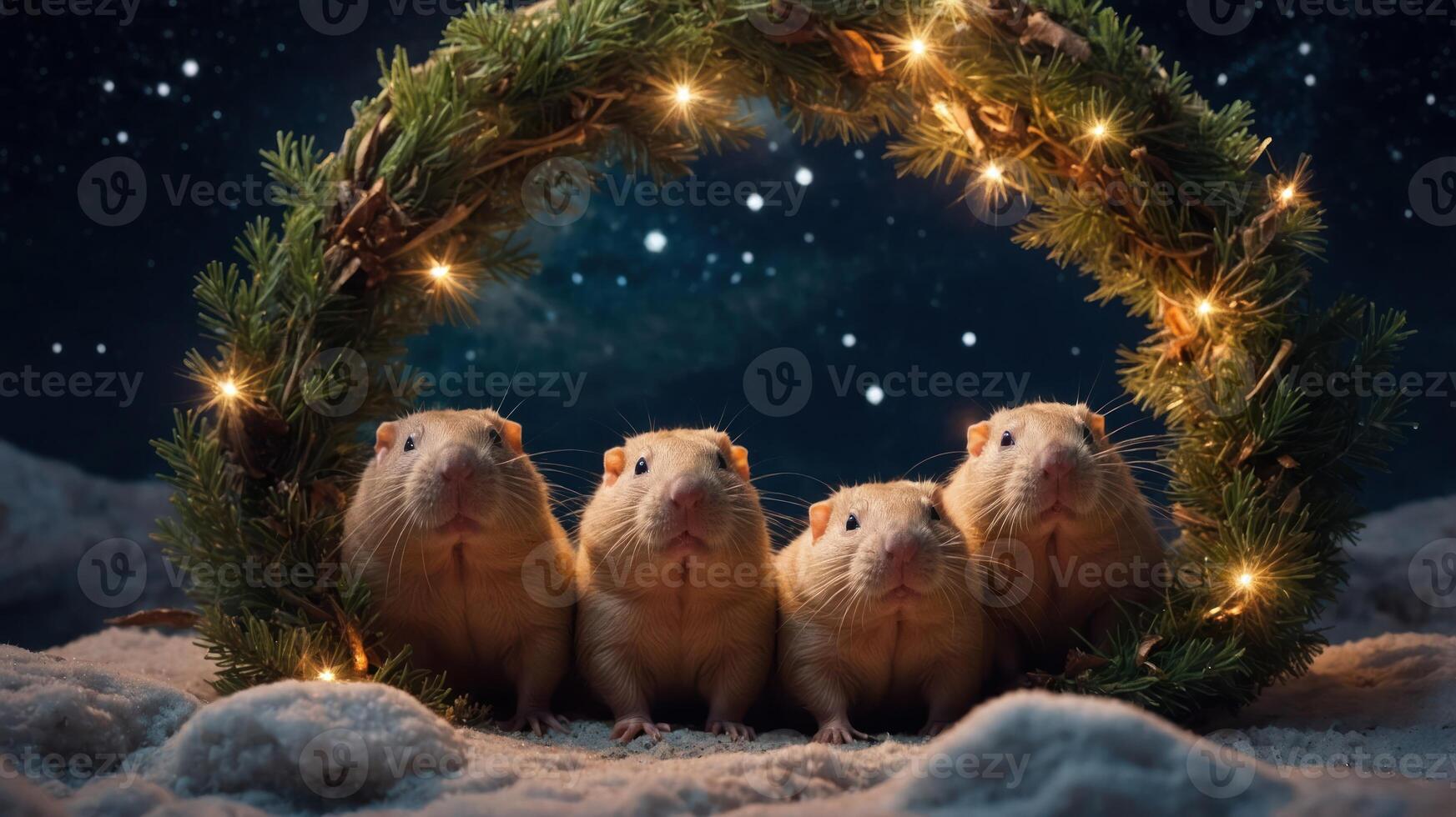 Four guinea pigs arranged in a festive wreath with twinkling lights against a starry background. photo