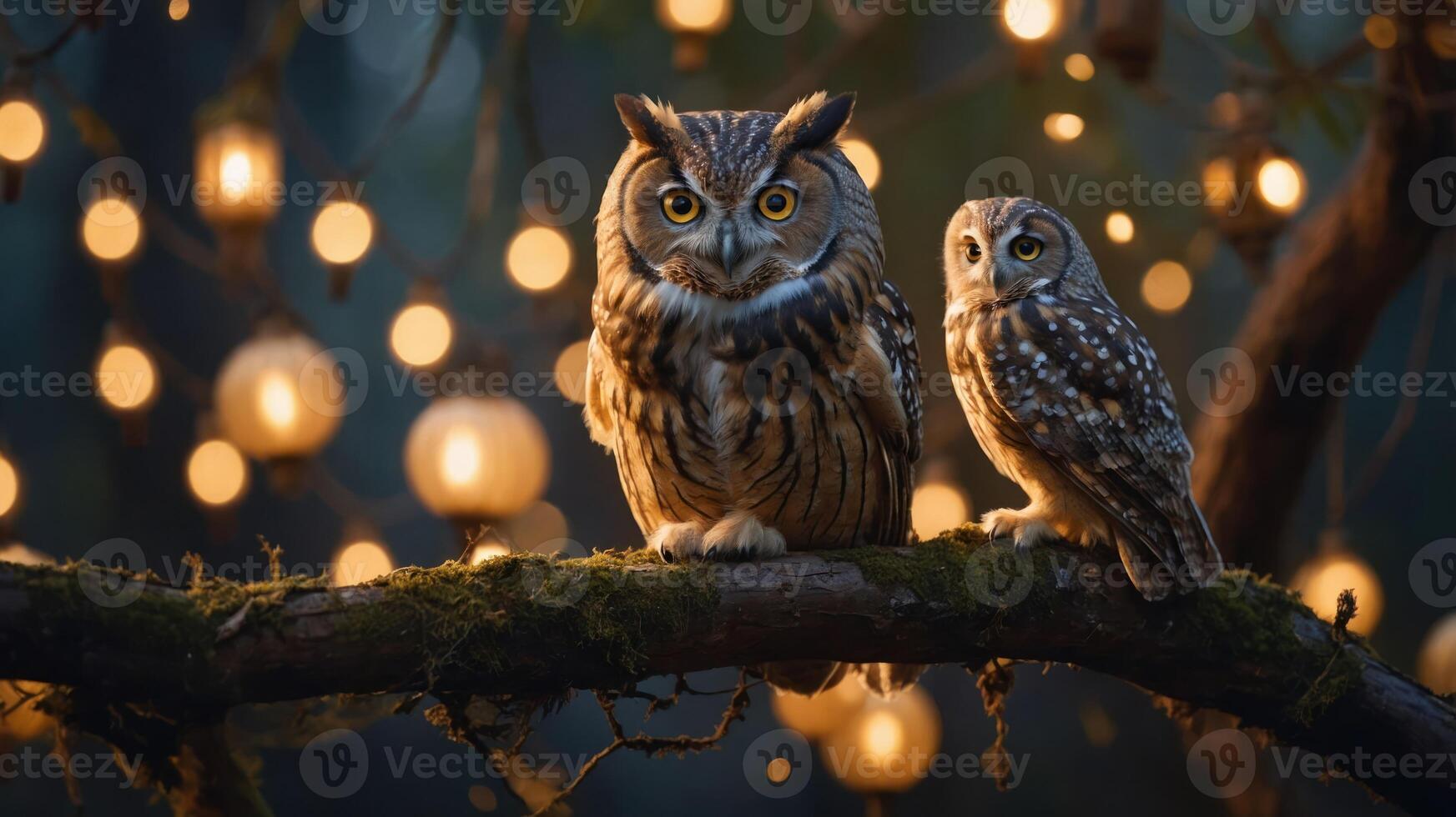 Two owls perched on a branch amidst glowing lanterns in a magical forest setting. photo