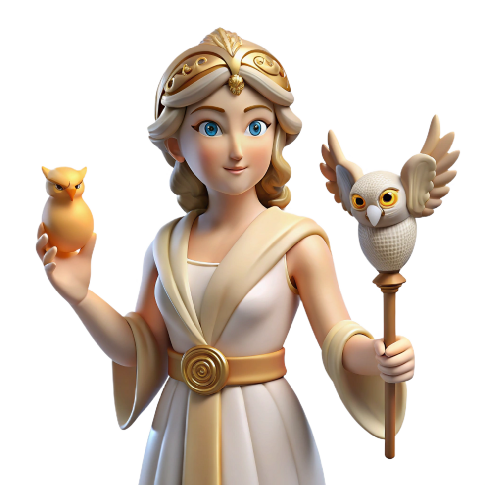 inspired bohemian Athena, Goddess of Wisdom, holding owl, NO BACKGROUND with Transparent Background. crisp png
