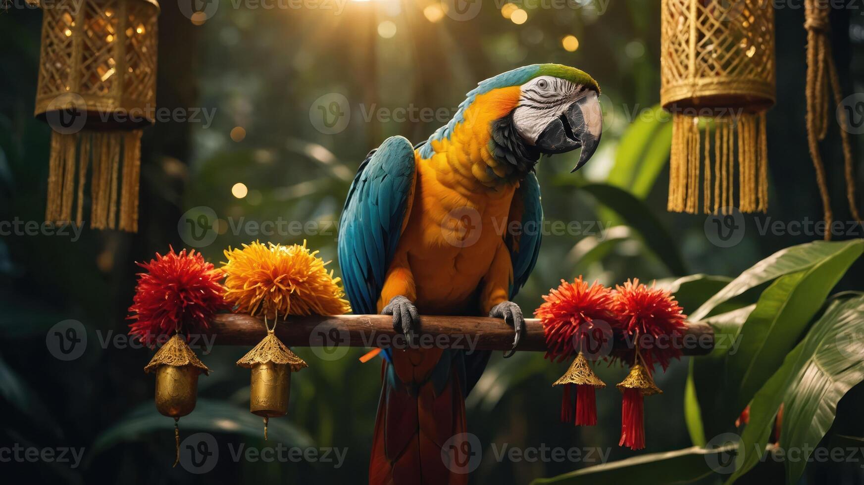 A vibrant parrot perched on a decorative branch in a lush, illuminated jungle setting. photo