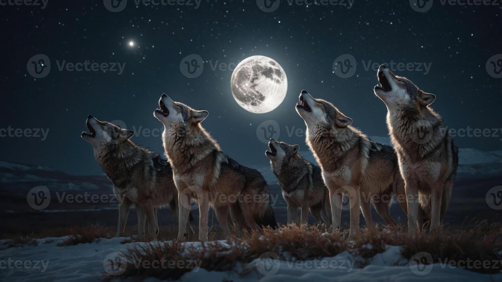 A pack of wolves howling under a bright full moon in a starry night sky. photo