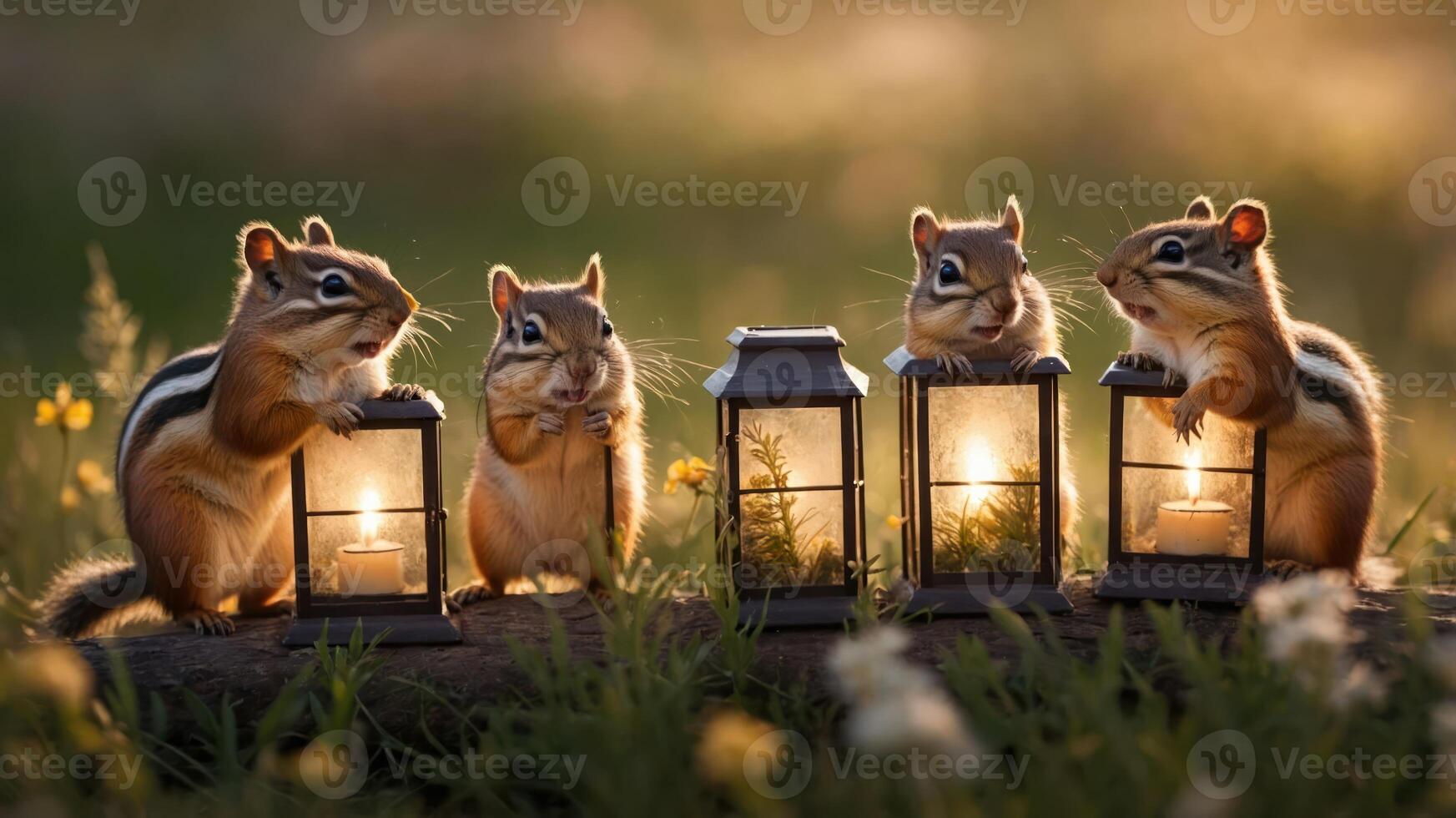 Four chipmunks holding lanterns in a serene field, creating a whimsical atmosphere. photo