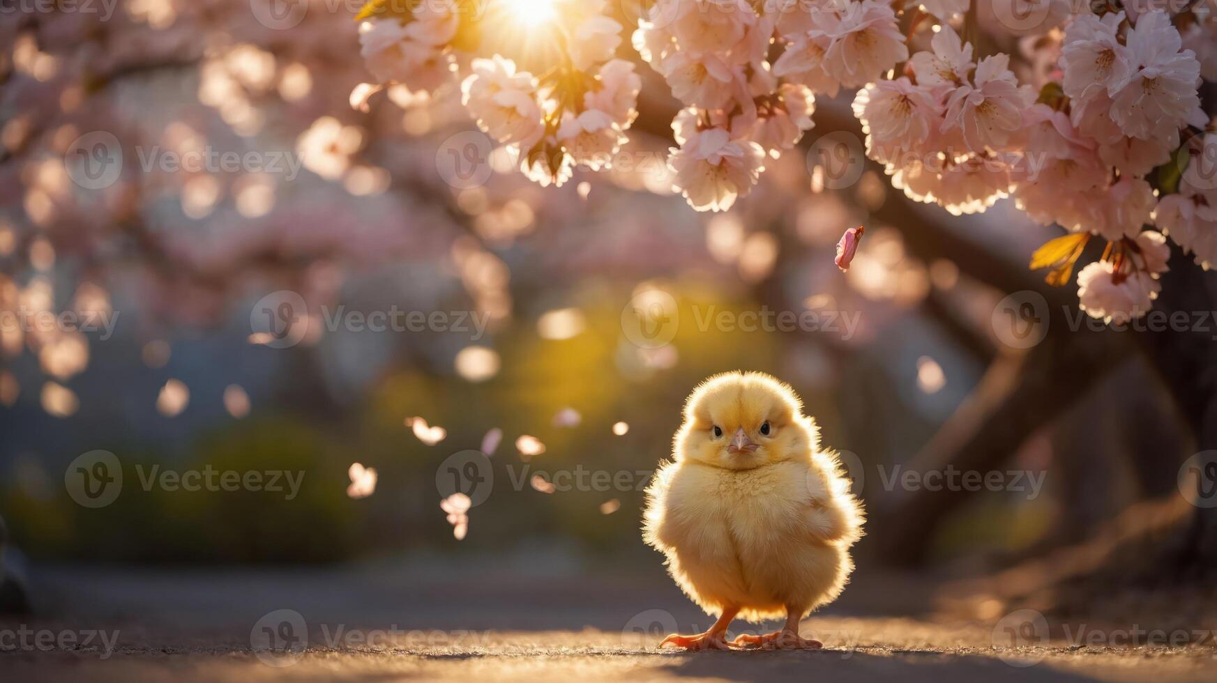 A cute chick stands under blooming cherry blossoms, illuminated by soft sunlight. photo