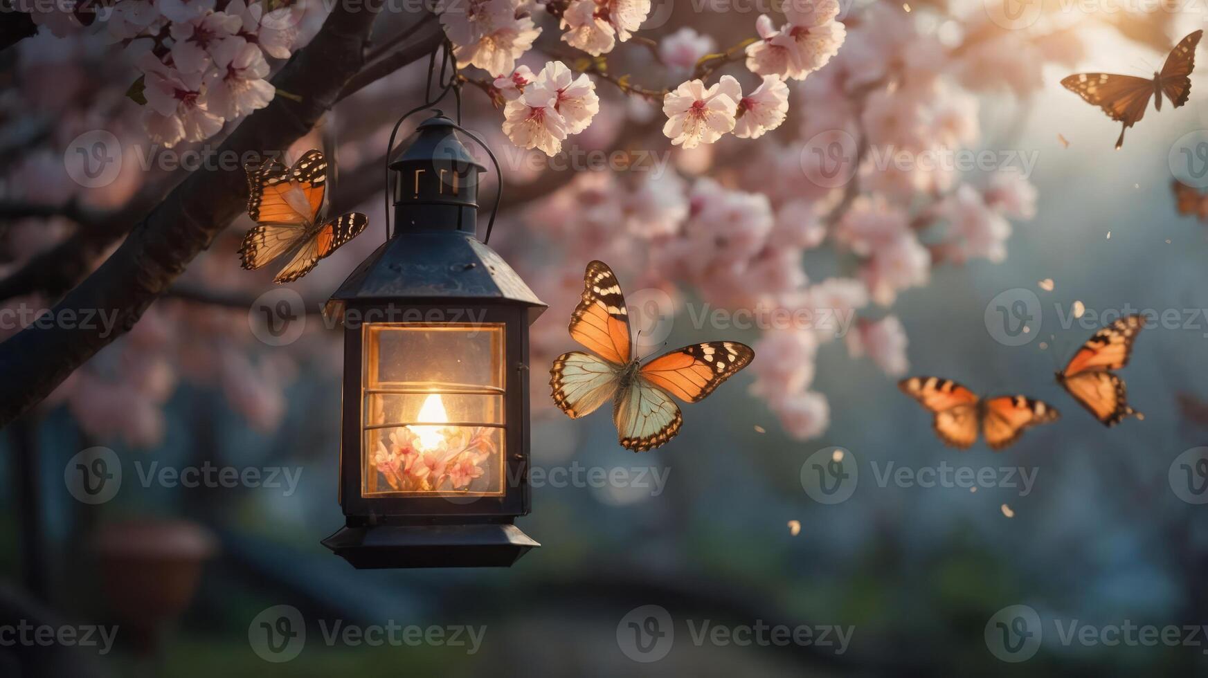 A lantern surrounded by cherry blossoms and butterflies, creating a serene, enchanting atmosphere. photo